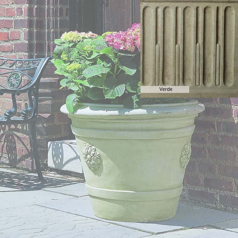 Verde Patina for the Campania International Certosa Medallion Planter, green and gray come together in a soft tone blended into a soft green.