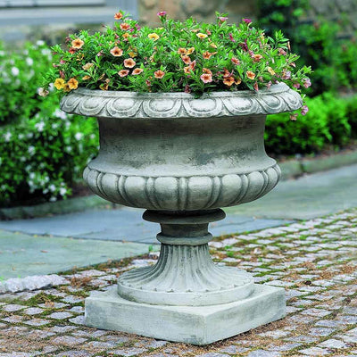 Campania International Lanciano Urn is shown in the Greystone Patina. Made from cast stone.