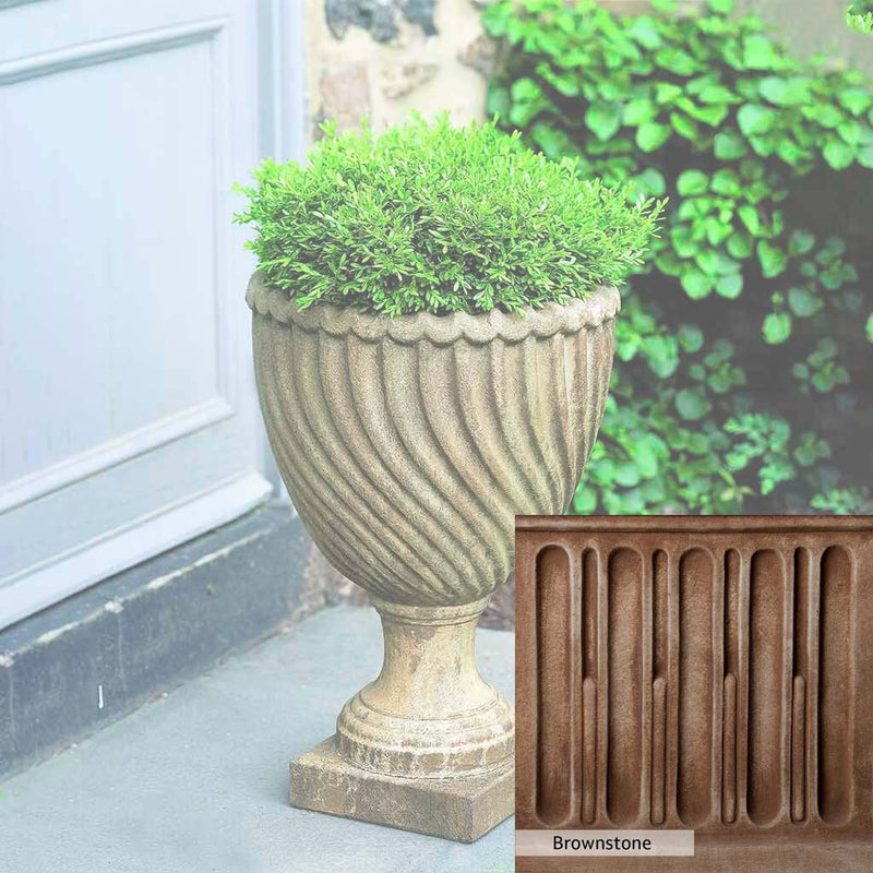 Brownstone Patina for the Campania International Ravenna Urn, brown blended with hints of red and yellow, works well in the garden.