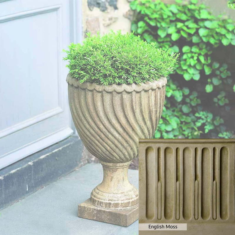 English Moss Patina for the Campania International Ravenna Urn, green blended into a soft pallet with a light undertone of gray.