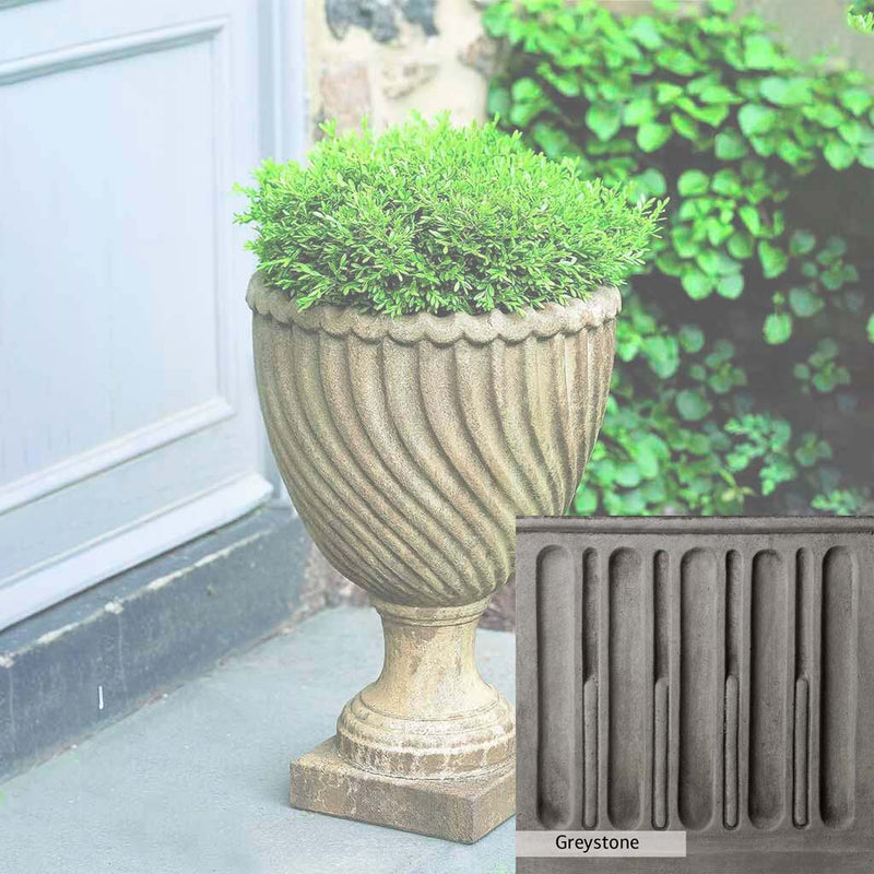 Greystone Patina for the Campania International Ravenna Urn , a classic gray, soft, and muted, blends nicely in the garden.