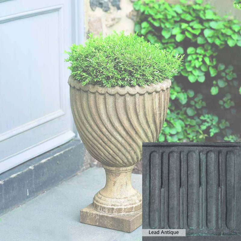 The Lead Antique Patina for the Campania International Ravenna Urn, aged blue and grey layered to give the look of a classic antique lead patina.
