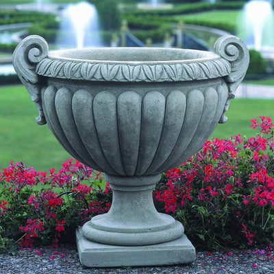  Campania International Longwood Volute Handle Urn is shown in the Greystone Patina. Made from cast stone.