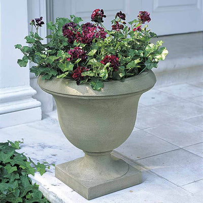Campania International Litchfield Urn is shown in the Verde Patina. Made from cast stone.
