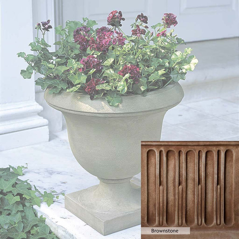 Brownstone Patina for the Campania International Litchfield Urn, brown blended with hints of red and yellow, works well in the garden.