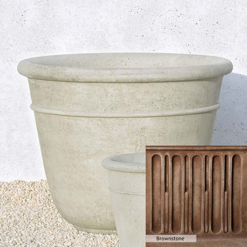 Brownstone Patina for the Campania International Carema Large Planter, brown blended with hints of red and yellow, works well in the garden.