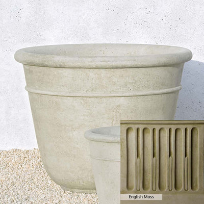 English Moss Patina for the Campania International Carema Large Planter, green blended into a soft pallet with a light undertone of gray.