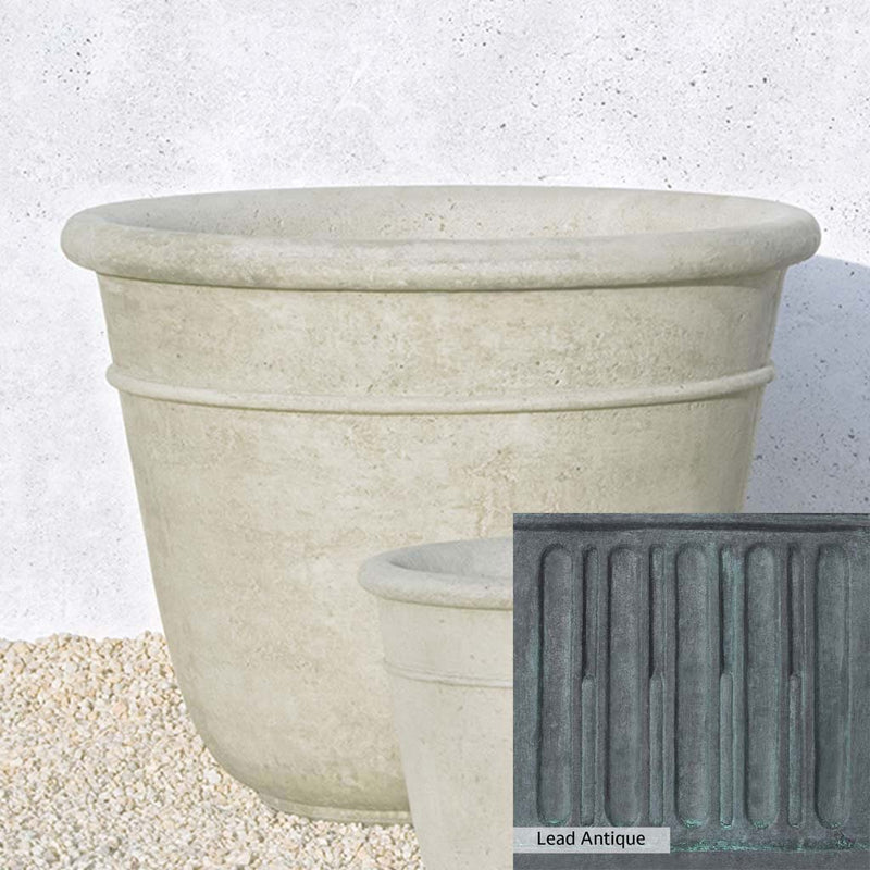 The Lead Antique Patina for the Campania International Carema Large Planter, aged blue and grey layered to give the look of a classic antique lead patina.