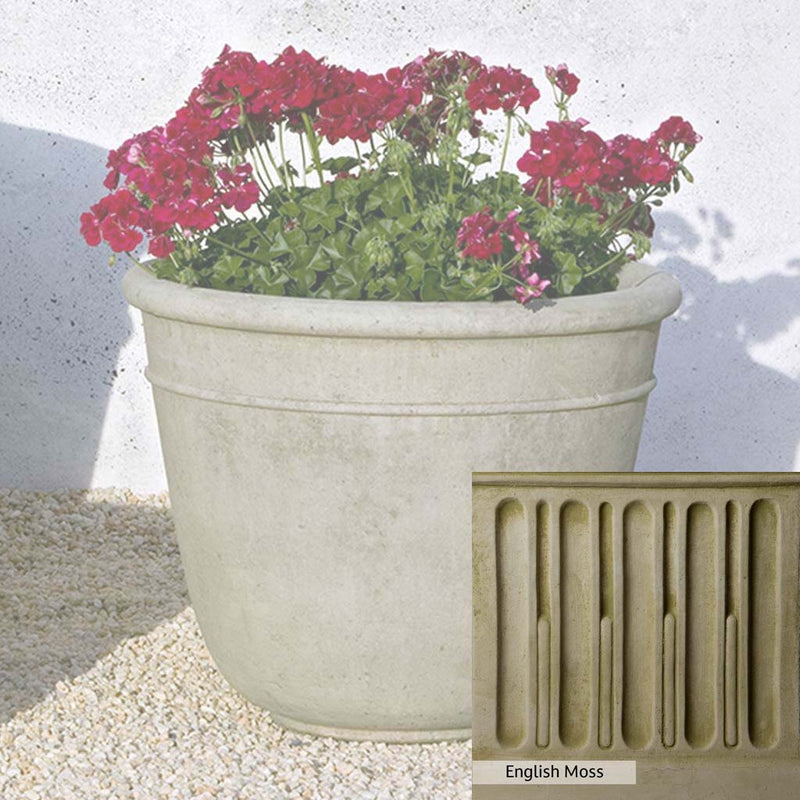 English Moss Patina for the Campania International Carema Medium Planter, green blended into a soft pallet with a light undertone of gray.