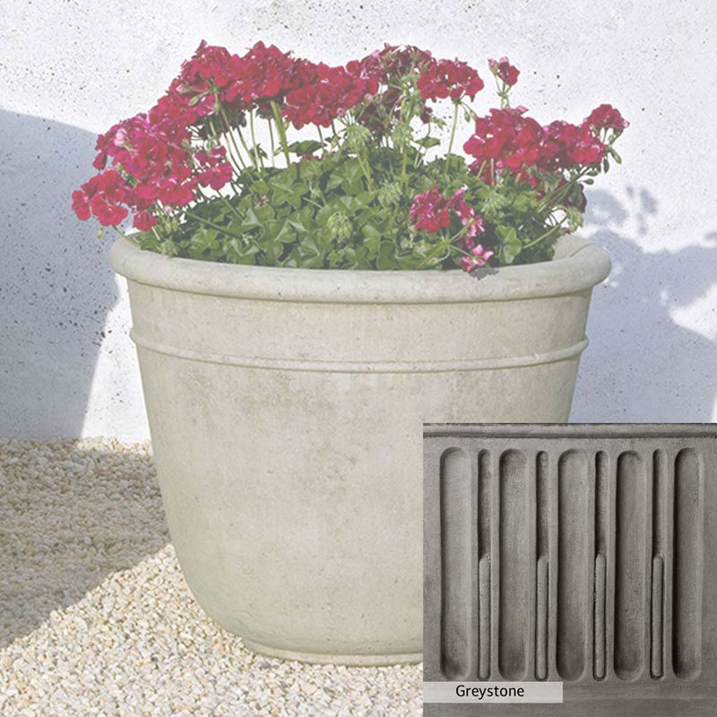 Greystone Patina for the Campania International Carema Medium Planter , a classic gray, soft, and muted, blends nicely in the garden.