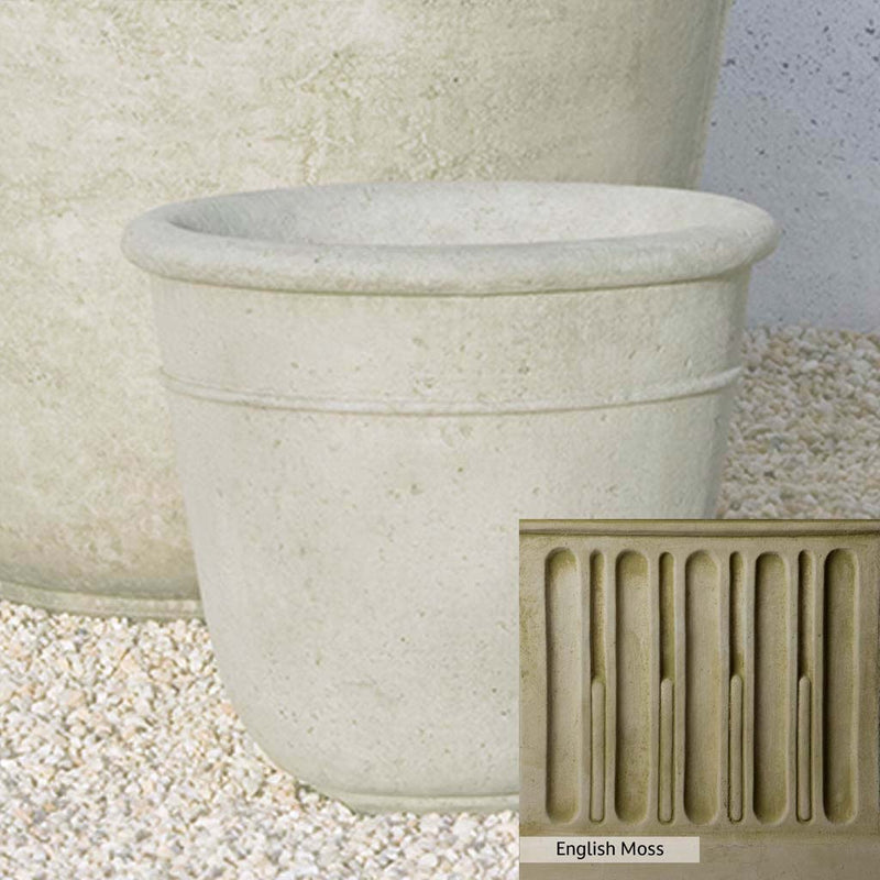English Moss Patina for the Campania International Carema Small Planter, green blended into a soft pallet with a light undertone of gray.