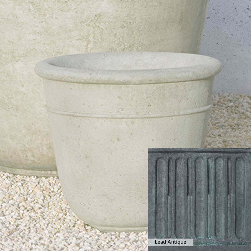The Lead Antique Patina for the Campania International Carema Small Planter, aged blue and grey layered to give the look of a classic antique lead patina.