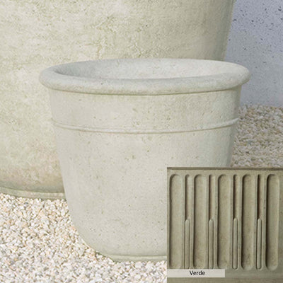Verde Patina for the Campania International Carema Small Planter, green and gray come together in a soft tone blended into a soft green.