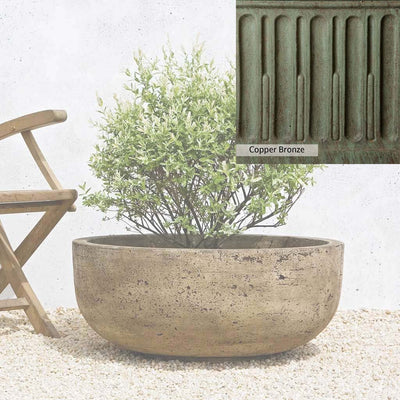 Copper Bronze Patina for theCampania International Mesa Large Planter, blues and greens blended into the look of aged copper.
