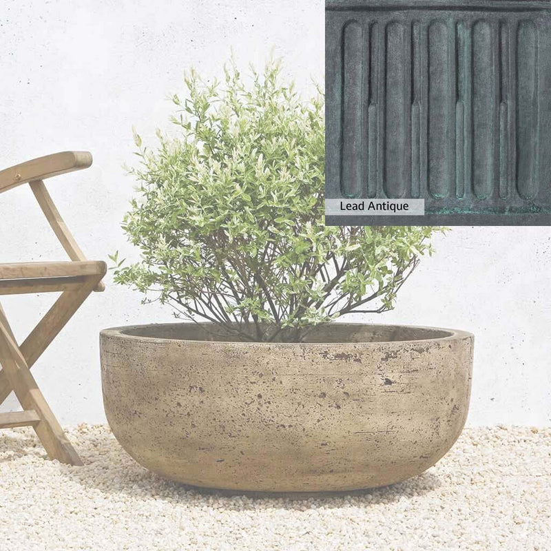 The Lead Antique Patina for the Campania International Mesa Large Planter, aged blue and grey layered to give the look of a classic antique lead patina.