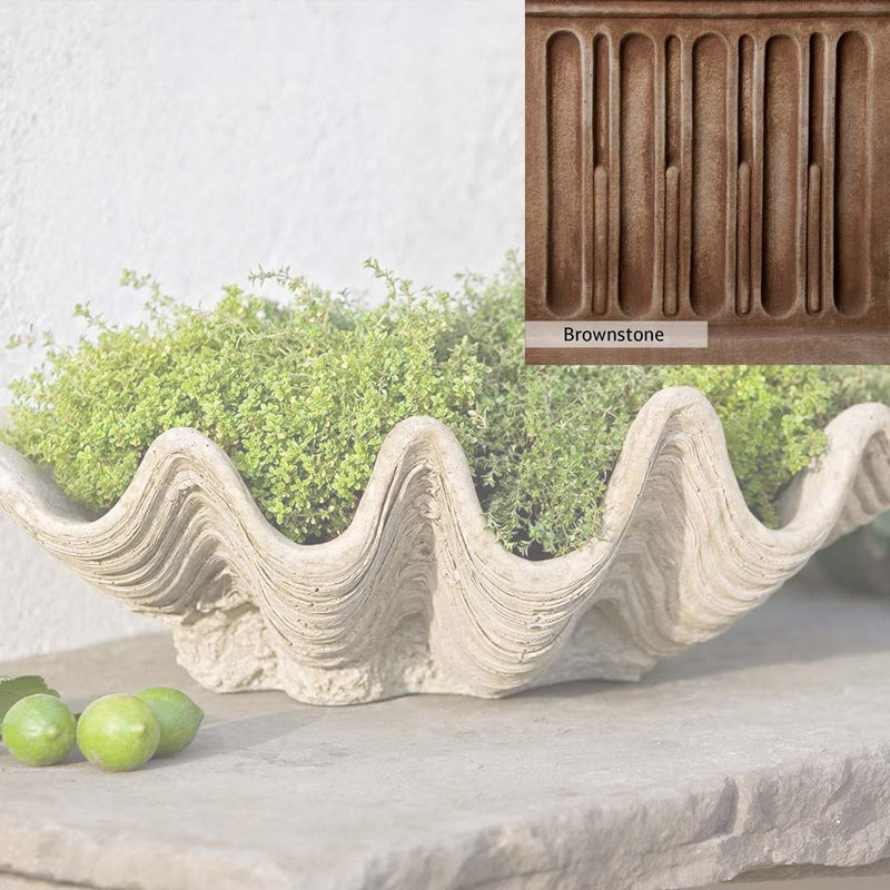 Brownstone Patina for the Campania International South Seas Planter, brown blended with hints of red and yellow, works well in the garden.