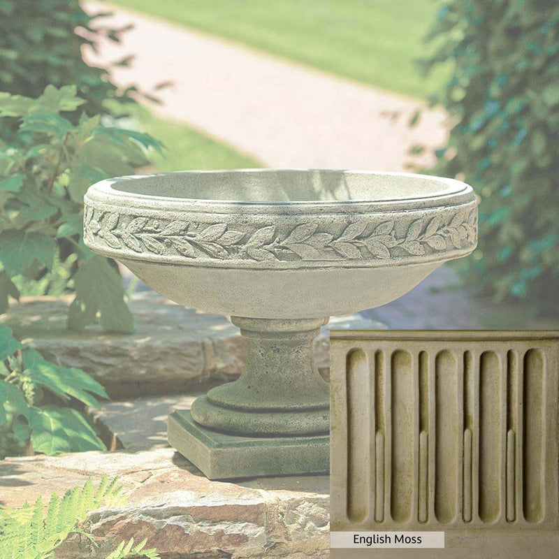 English Moss Patina for the Campania International Longwood Laurel Banded Urn, green blended into a soft pallet with a light undertone of gray.