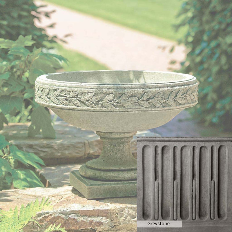 Greystone Patina for the Campania International Longwood Laurel Banded Urn , a classic gray, soft, and muted, blends nicely in the garden.