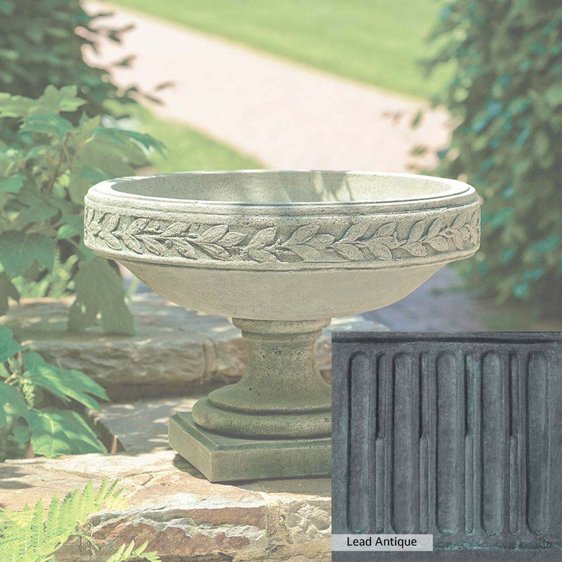 The Lead Antique Patina for the Campania International Longwood Laurel Banded Urn, aged blue and grey layered to give the look of a classic antique lead patina.