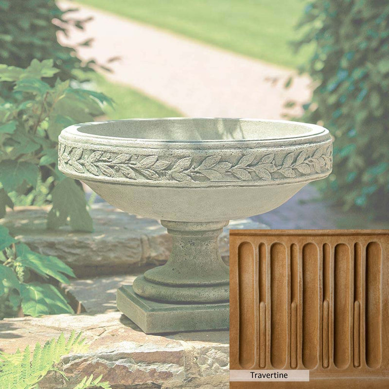 Travertine Patina for the Campania International Longwood Laurel Banded Urn, soft yellows, oranges, and brown for an old-word garden.
