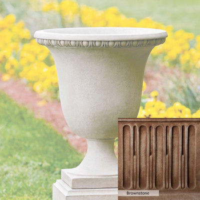 Brownstone Patina for the Campania International Williamsburg Egg and Dart Urn, brown blended with hints of red and yellow, works well in the garden.