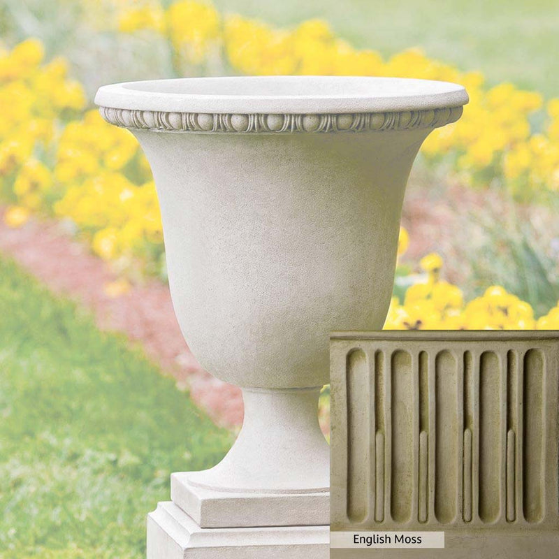 English Moss Patina for the Campania International Williamsburg Egg and Dart Urn, green blended into a soft pallet with a light undertone of gray.