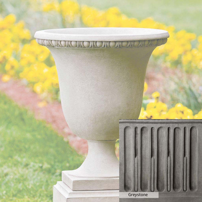 Greystone Patina for the Campania International Williamsburg Egg and Dart Urn , a classic gray, soft, and muted, blends nicely in the garden.