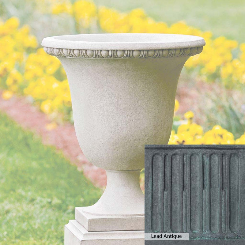 The Lead Antique Patina for the Campania International Williamsburg Egg and Dart Urn, aged blue and grey layered to give the look of a classic antique lead patina.