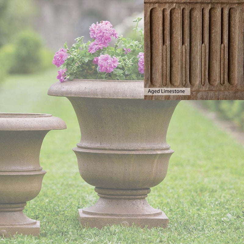 Aged Limestone Patina for the Campania International Williamsburg Wren Large Planter, brown, orange, and green for an old stone look.