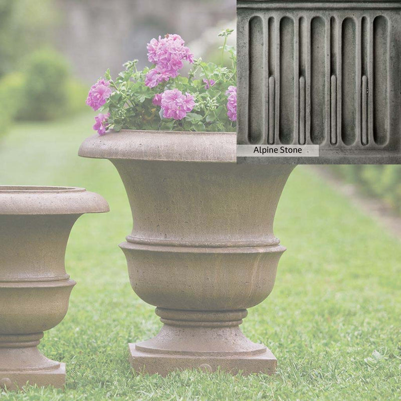 Alpine Stone Patina for the Campania International Williamsburg Wren Large Planter, a medium gray with a bit of green to define the details.
