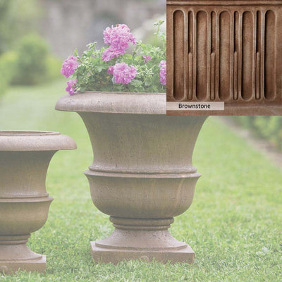 Brownstone Patina for the Campania International Williamsburg Wren Large Planter, brown blended with hints of red and yellow, works well in the garden.