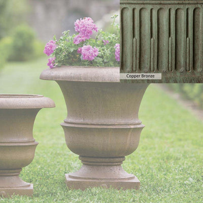 Copper Bronze Patina for theCampania International Williamsburg Wren Large Planter, blues and greens blended into the look of aged copper.
