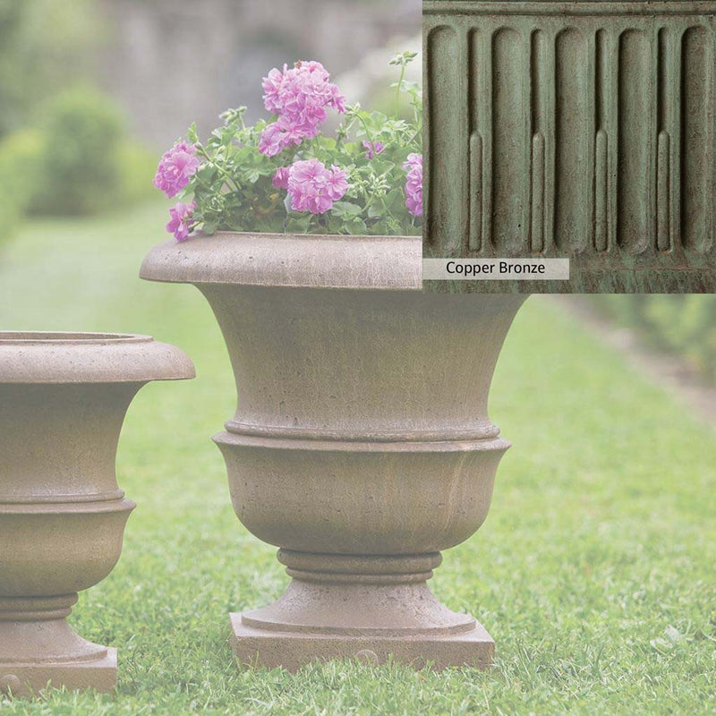 Copper Bronze Patina for theCampania International Williamsburg Wren Large Planter, blues and greens blended into the look of aged copper.