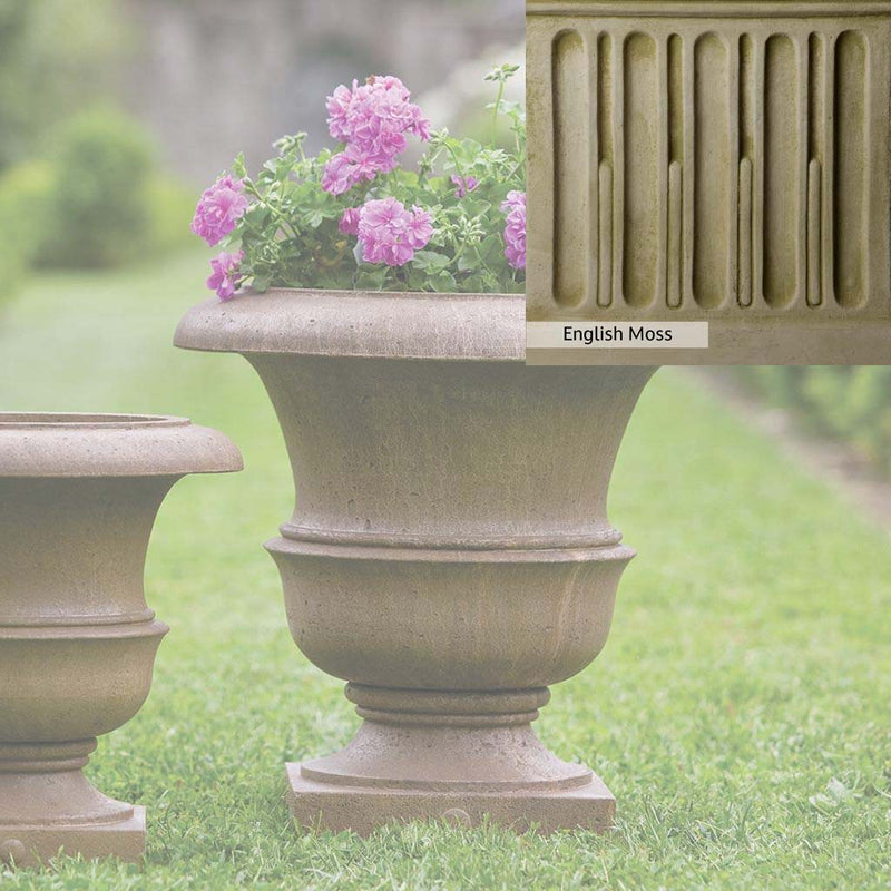 English Moss Patina for the Campania International Williamsburg Wren Large Planter, green blended into a soft pallet with a light undertone of gray.
