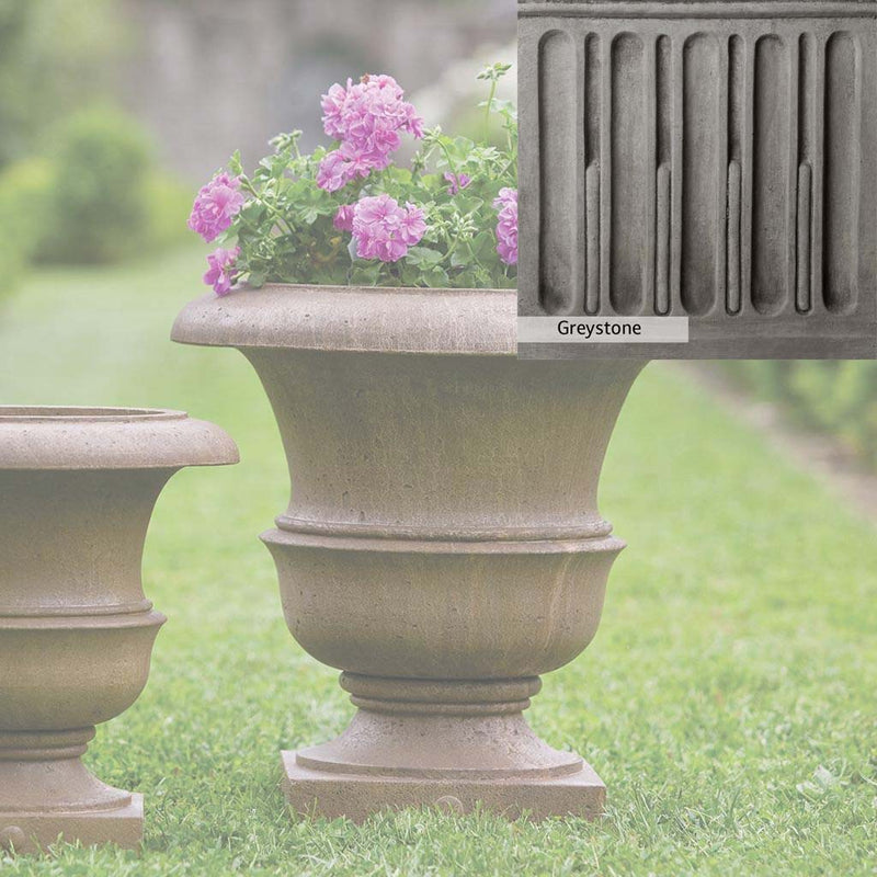 Greystone Patina for the Campania International Williamsburg Wren Large Planter , a classic gray, soft, and muted, blends nicely in the garden.