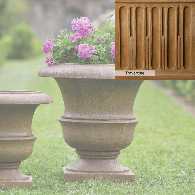 Travertine Patina for the Campania International Williamsburg Wren Large Planter, soft yellows, oranges, and brown for an old-word garden.