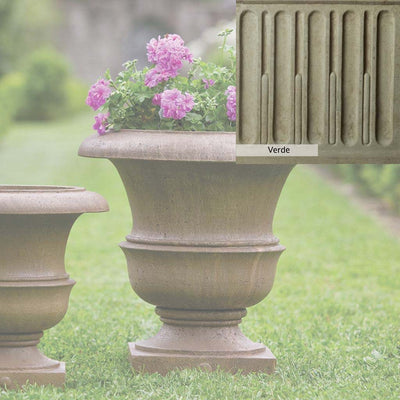 Verde Patina for the Campania International Williamsburg Wren Large Planter, green and gray come together in a soft tone blended into a soft green.