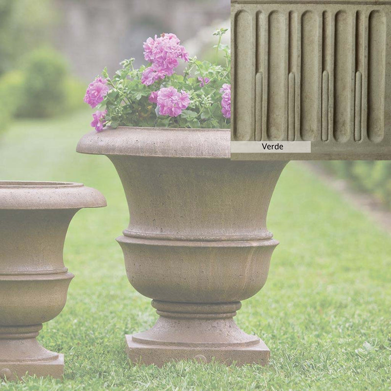 Verde Patina for the Campania International Williamsburg Wren Large Planter, green and gray come together in a soft tone blended into a soft green.