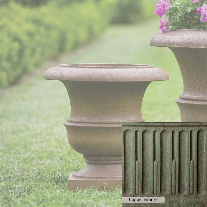 Copper Bronze Patina for theCampania International Williamsburg Wren Small Planter, blues and greens blended into the look of aged copper.