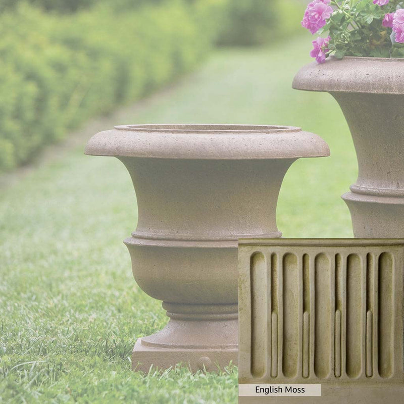 English Moss Patina for the Campania International Williamsburg Wren Small Planter, green blended into a soft pallet with a light undertone of gray.