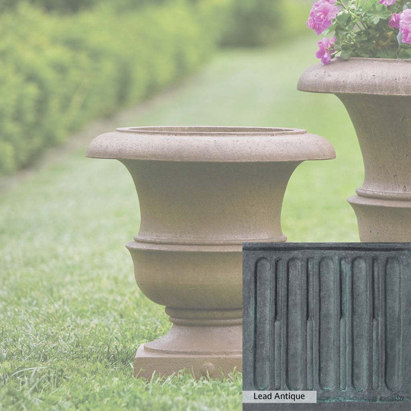 The Lead Antique Patina for the Campania International Williamsburg Wren Small Planter, aged blue and grey layered to give the look of a classic antique lead patina.