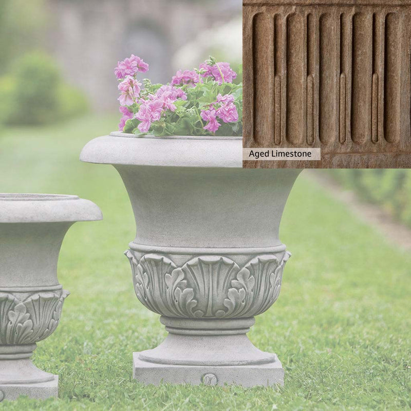 Aged Limestone Patina for the Campania International Williamsburg Acanthus Large Planter, brown, orange, and green for an old stone look.