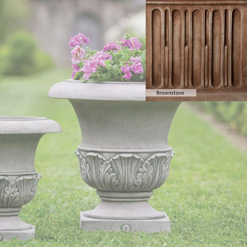 Brownstone Patina for the Campania International Williamsburg Acanthus Large Planter, brown blended with hints of red and yellow, works well in the garden.