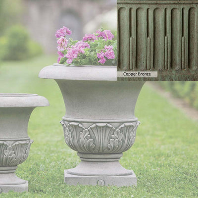Copper Bronze Patina for theCampania International Williamsburg Acanthus Large Planter, blues and greens blended into the look of aged copper.