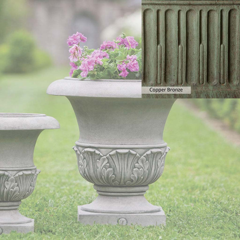 Copper Bronze Patina for theCampania International Williamsburg Acanthus Large Planter, blues and greens blended into the look of aged copper.