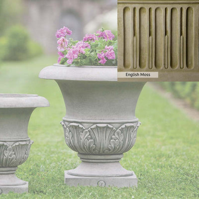 English Moss Patina for the Campania International Williamsburg Acanthus Large Planter, green blended into a soft pallet with a light undertone of gray.