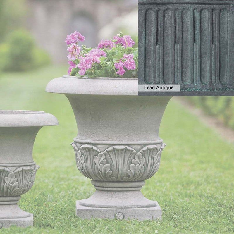 The Lead Antique Patina for the Campania International Williamsburg Acanthus Large Planter, aged blue and grey layered to give the look of a classic antique lead patina.