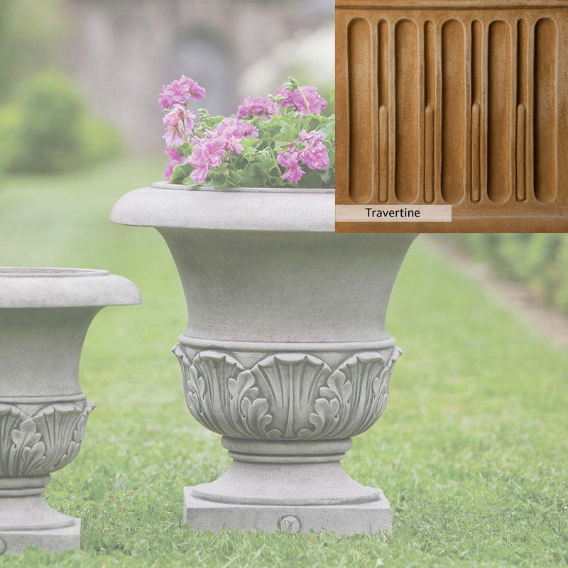 Travertine Patina for the Campania International Williamsburg Acanthus Large Planter, soft yellows, oranges, and brown for an old-word garden.