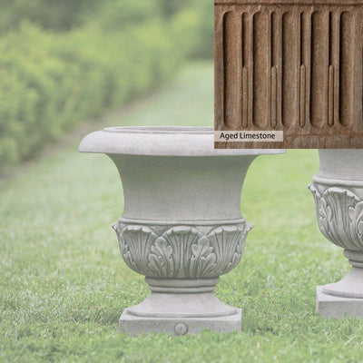 Aged Limestone Patina for the Campania International Williamsburg Acanthus Small Planter, brown, orange, and green for an old stone look.