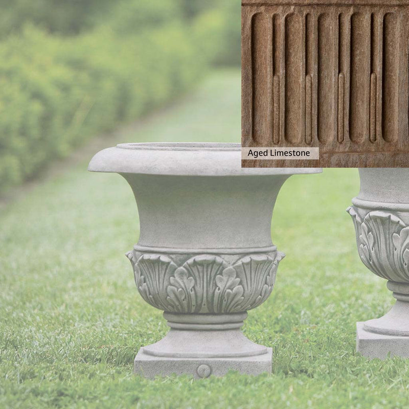 Aged Limestone Patina for the Campania International Williamsburg Acanthus Small Planter, brown, orange, and green for an old stone look.